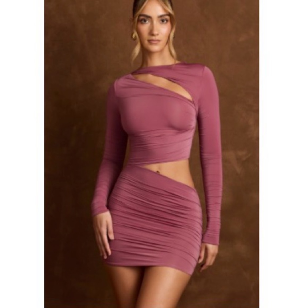 Oh Polly Dusty Rose Cutout Ruched Long-Sleeve Mini Dress